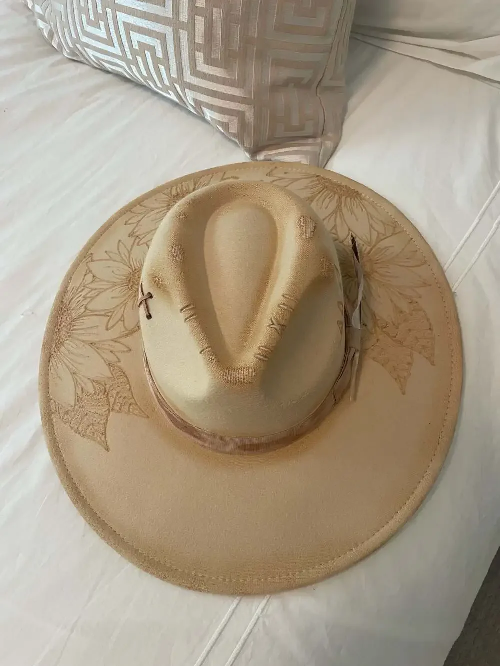 Tan Burned Sunflower Wide Brim Fedora Hat